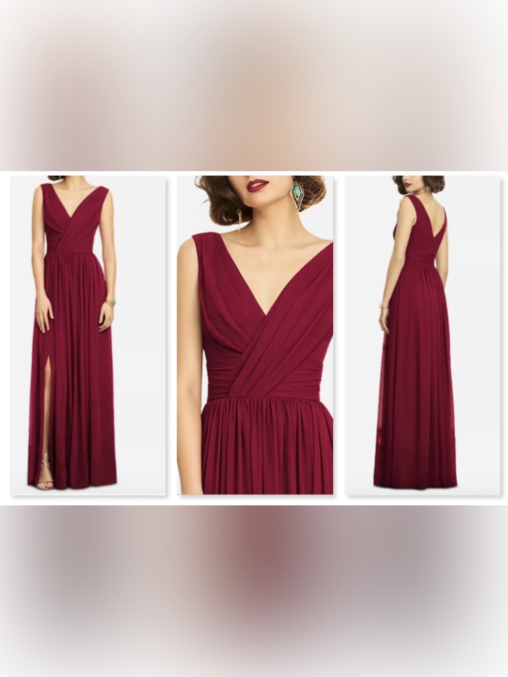 Dessy Collection Burgundy V‑Neck Pleated Maxi Gown with Side Slit